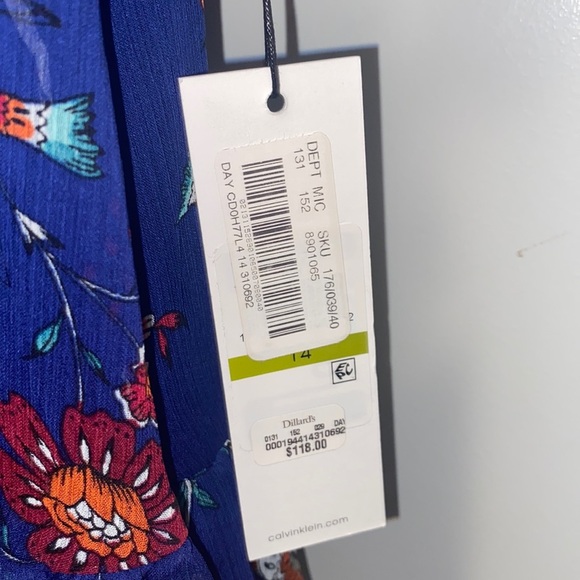 NWT! CALVIN KLEIN Blue, Red, White, and Black Ruffle Hem Floral Dress - Size 14 - Picture 3 of 11